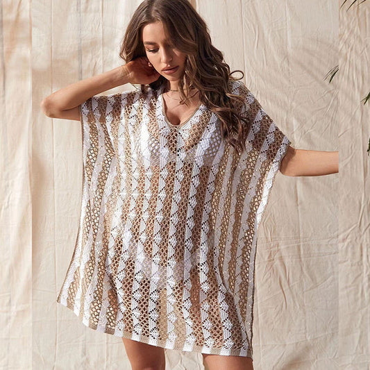 Summer Beach Dress Women Striped Sexy Knitted Hollow Out Cutout Beach Bikini Swimsuit Blouse Sun Protective Clothing Crochet hook