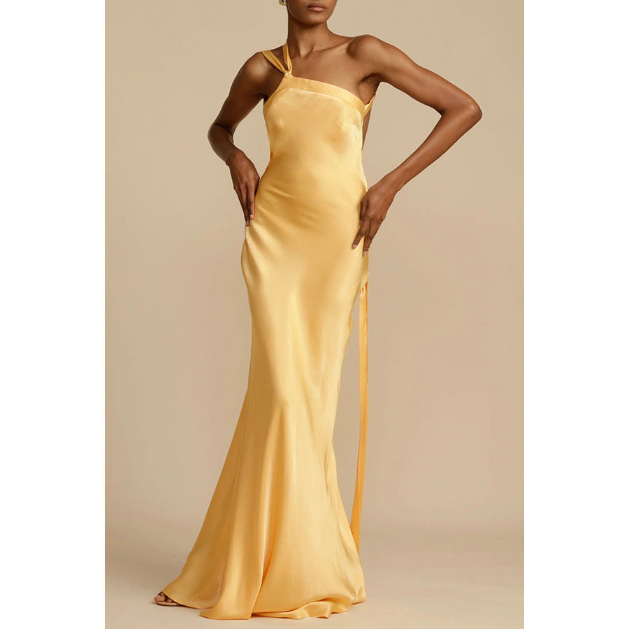 Spring Summer Party Slim Fit Oblique Shoulder Dress Casual Satin Dress Oyrina