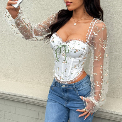 French Romantic Embroidery Floral Sexy Backless Lace up Long Sleeve See through Boning Corset Top Women