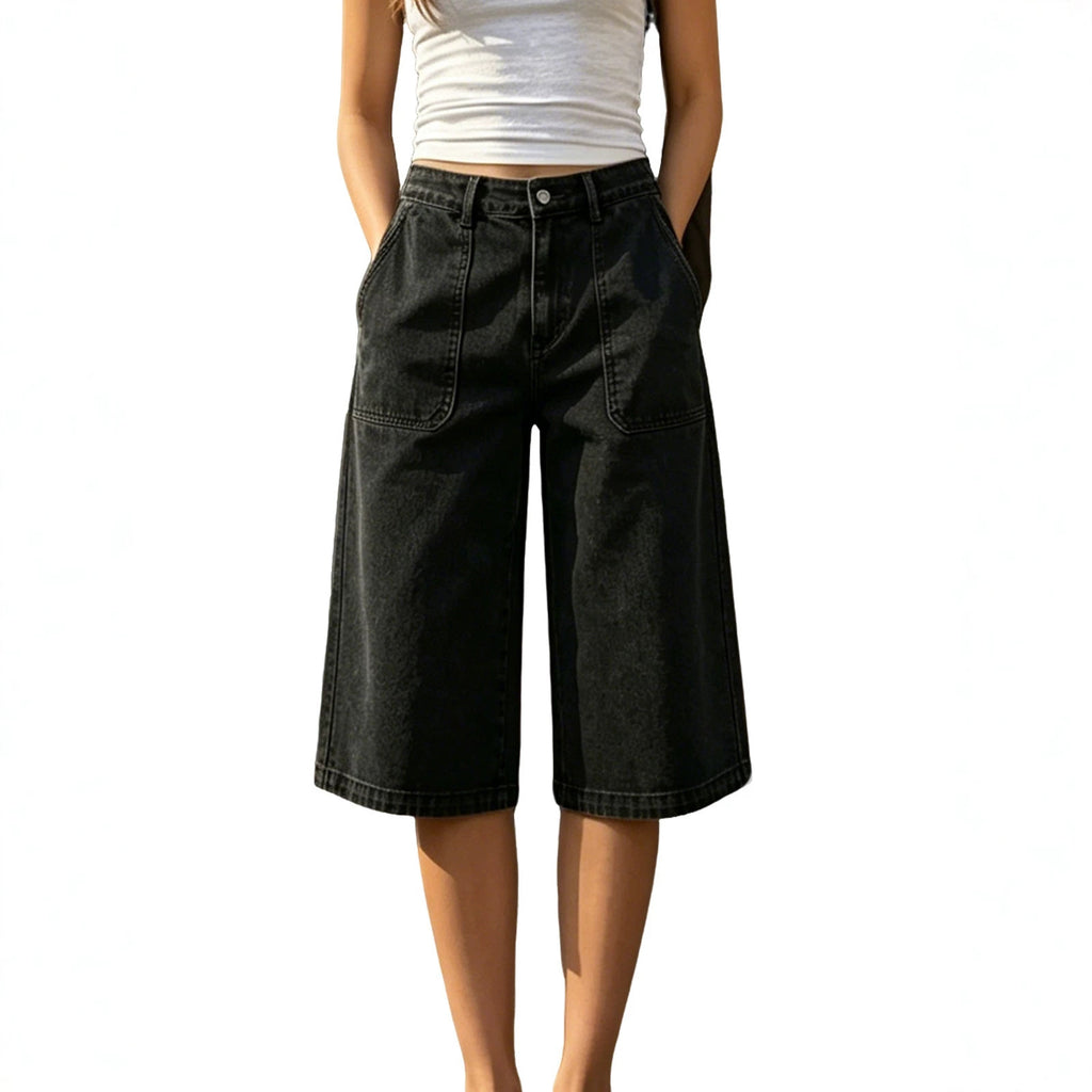 Summer Three Quarter Length Wide Leg Denim High Waist Loose Trendy All Matching Straight Women Jeans Shocen