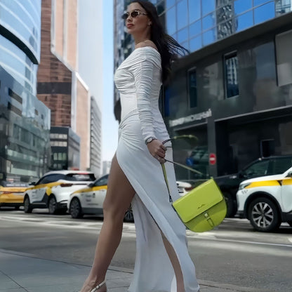 Women Clothing Autumn Solid Color off the Shoulder Tube Top Split Pleated Long Sleeve Dress