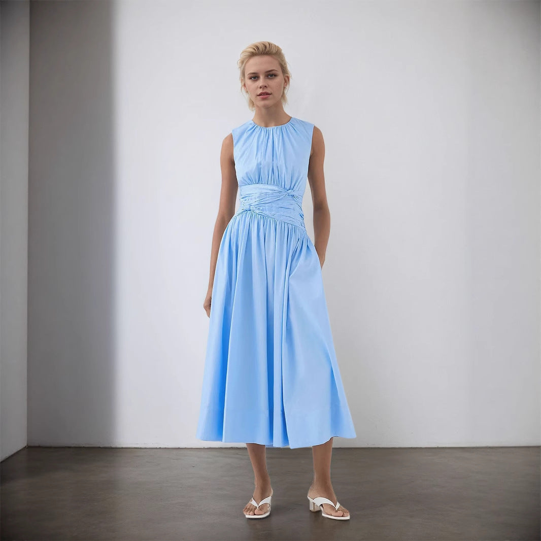 Elegant Blues round Neck Pleated Pocket Wide Swing Ladies Dress Rogan