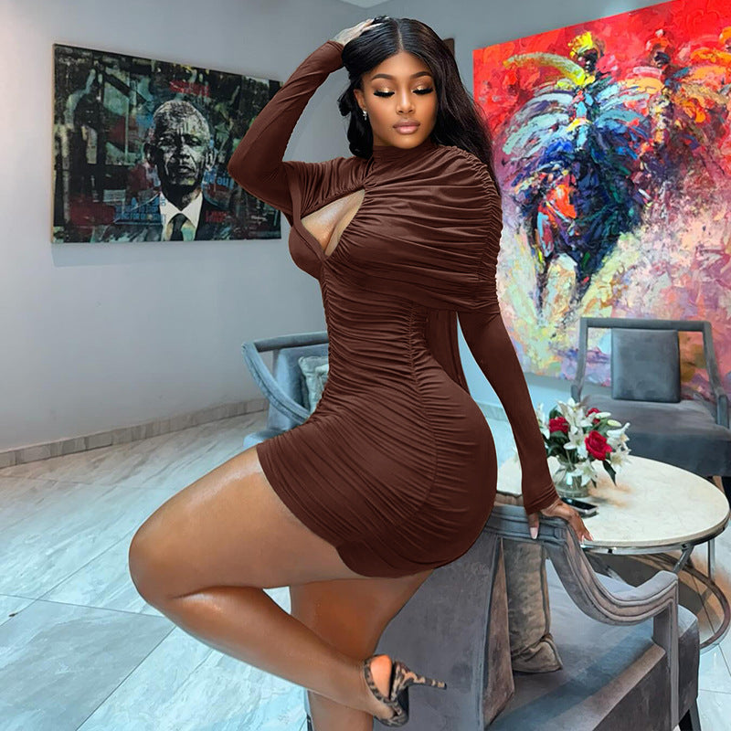 Design Trendy Women Clothing Sexy Cutout Hip Slim Fit Turtleneck Long Sleeve Western Short Dress Kinci