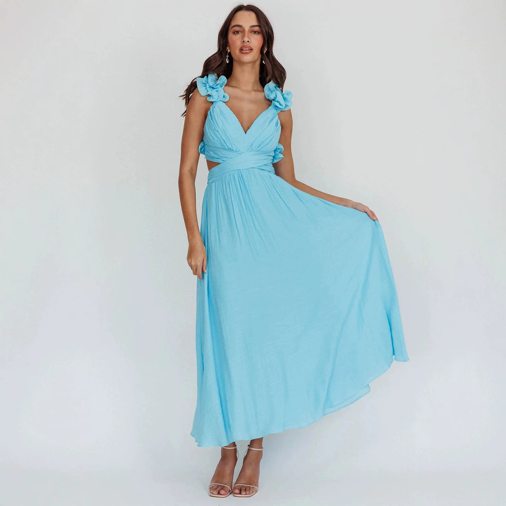 Summer Dress Backless Cross Rope Pleated Chiffon Floral Large Swing Dinner Dress XINXI