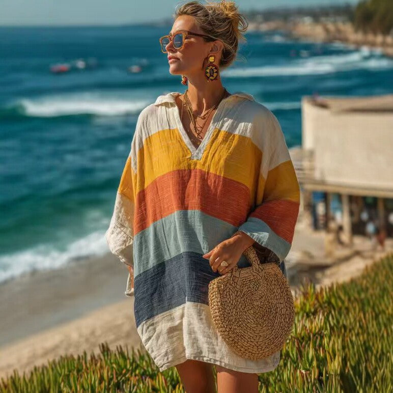Bohemian Color Stripes Slub Linen Top Loose 3/4 Sleeve Casual Shirt Seaside Vacation Blouse Gemi