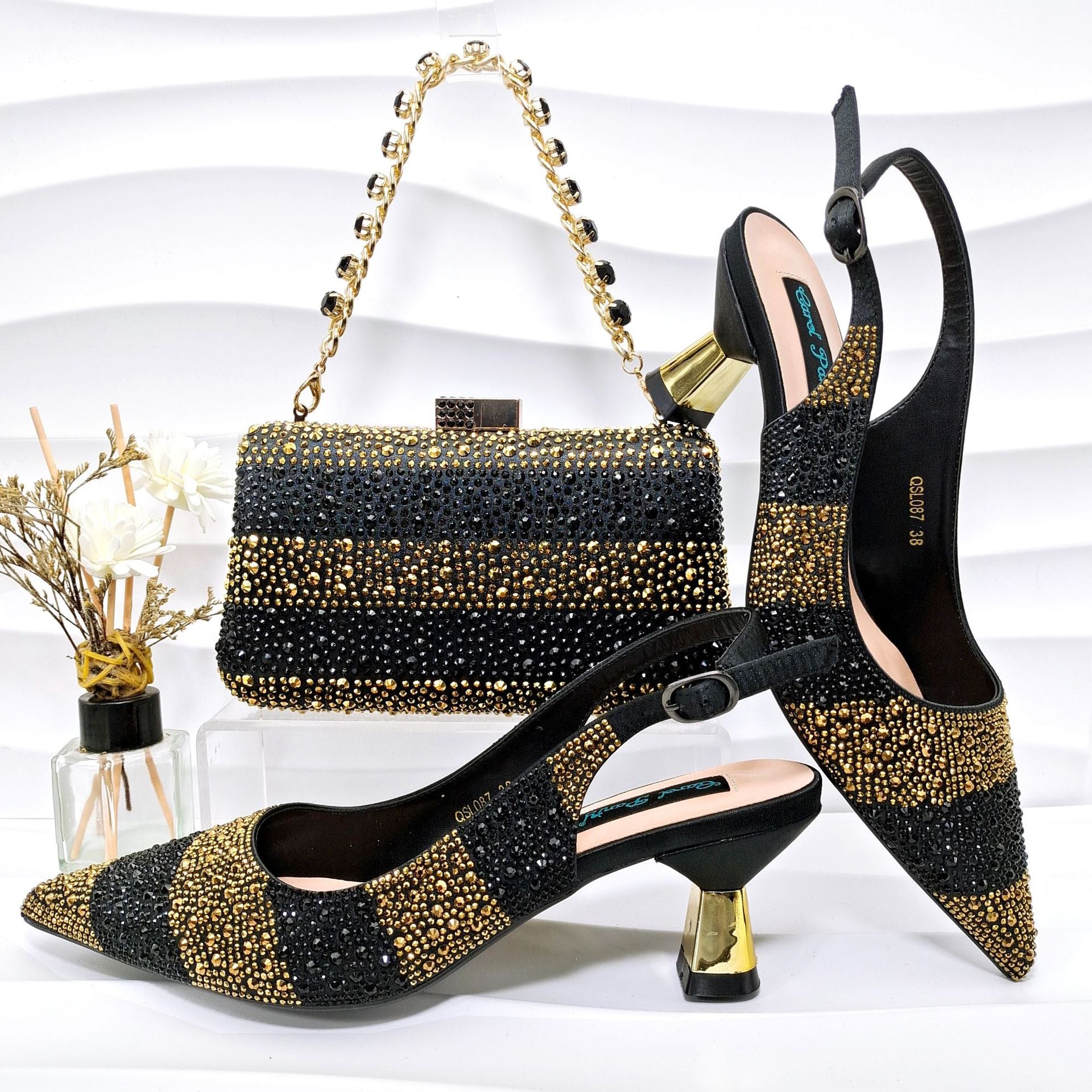 Simple Pointed Striped Delicate Rhinestone Decorative Cocktail Elegant Women Shoes Bags Two Piece Sets High Heels AureliaGlow