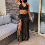 Women Suit Women Clothing Pure Hand Crocheting Beach Bikini Top Lengthened Tassel Skirt Two Piece Set Oyimi