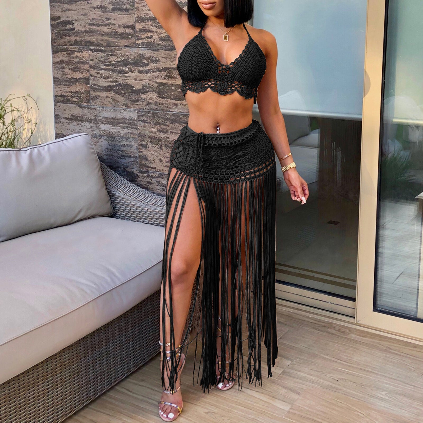 Women Suit Women Clothing Pure Hand Crocheting Beach Bikini Top Lengthened Tassel Skirt Two Piece Set Oyimi
