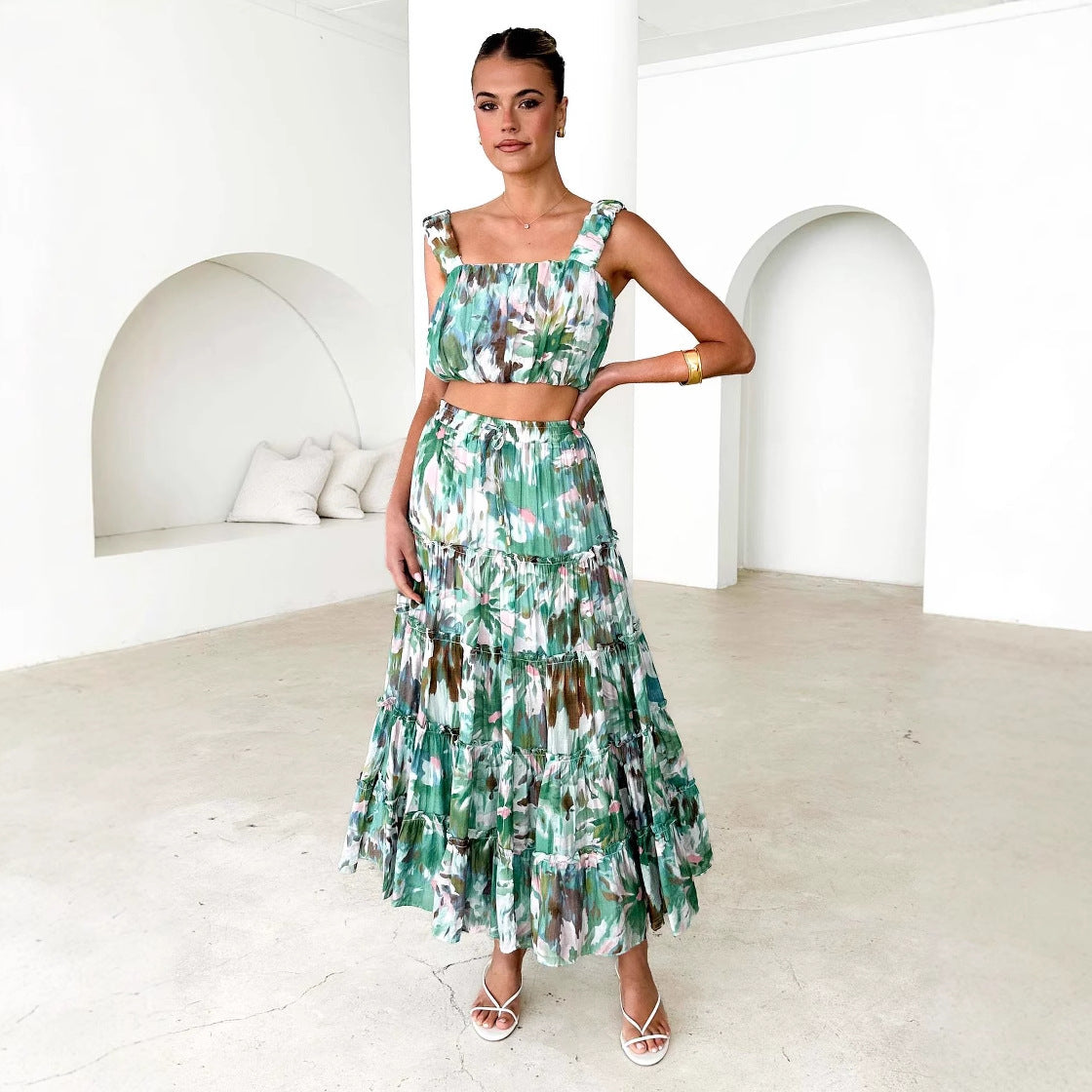 Women Clothing Retro Sleeveless Short Corset Spaghetti Strap Floral Print High Waist Skirt Two Piece Set for Women XINXI