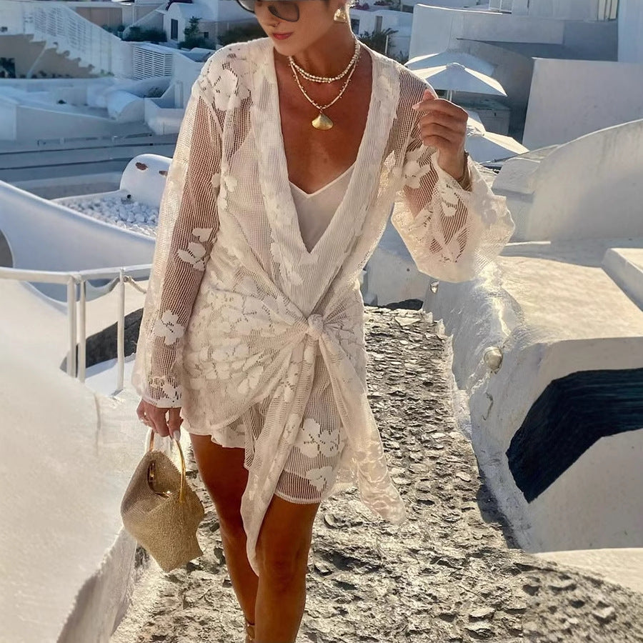 Summer Vacation Beach Dress Women Overall Lace Shirt Gemi