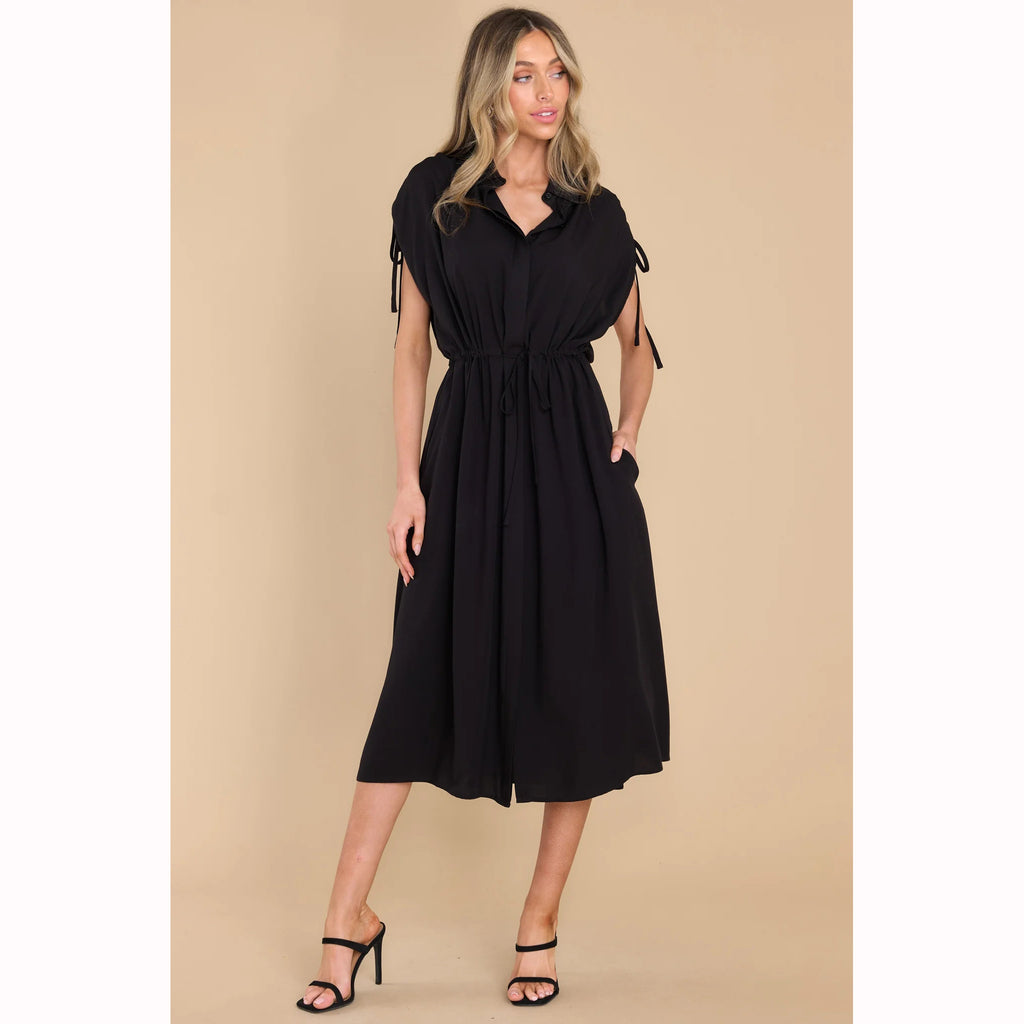 Trendy Summer Fitted Waist Turn down Collar Single Breasted Drawstring Dress XUYUN