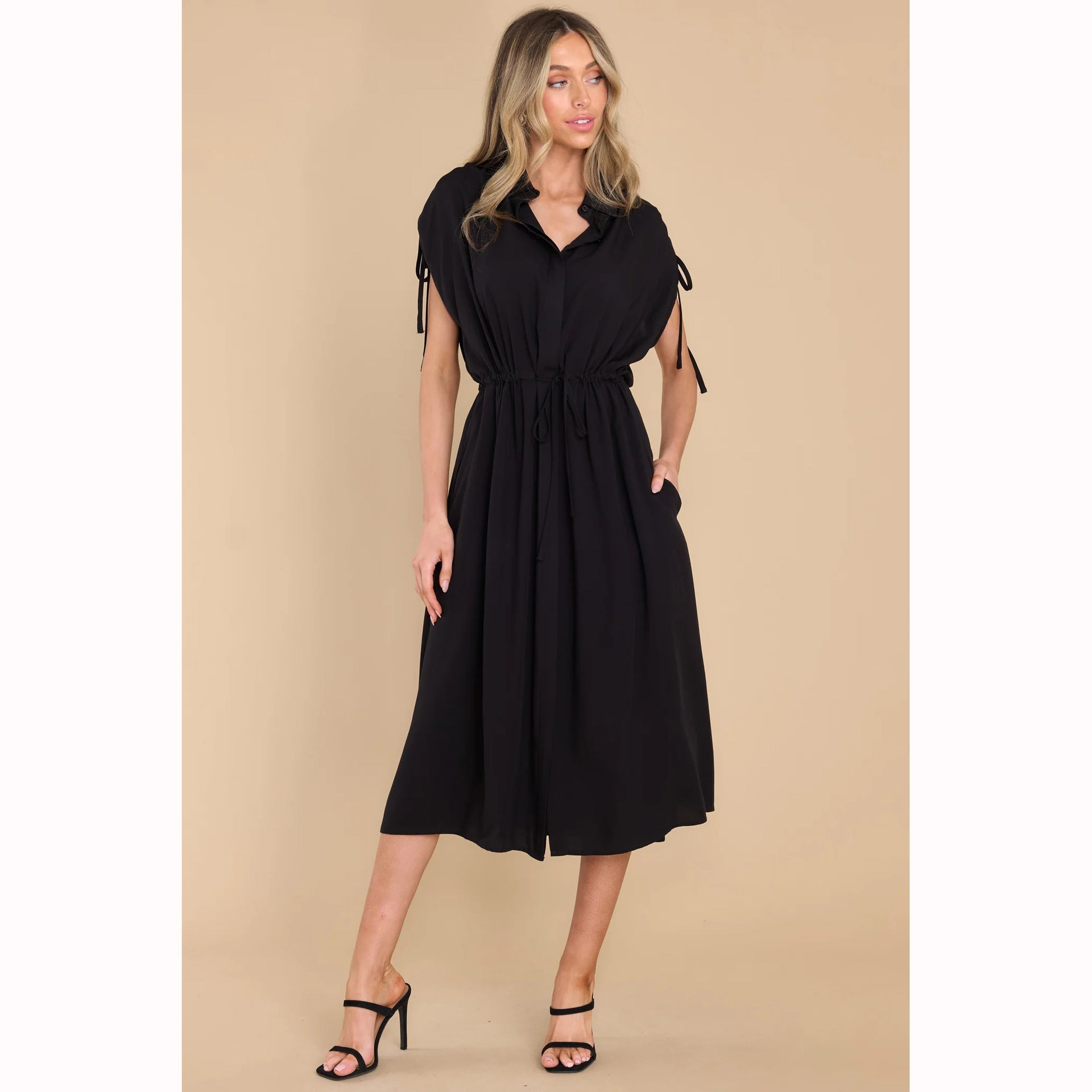 Trendy Summer Fitted Waist Turn down Collar Single Breasted Drawstring Dress XUYUN