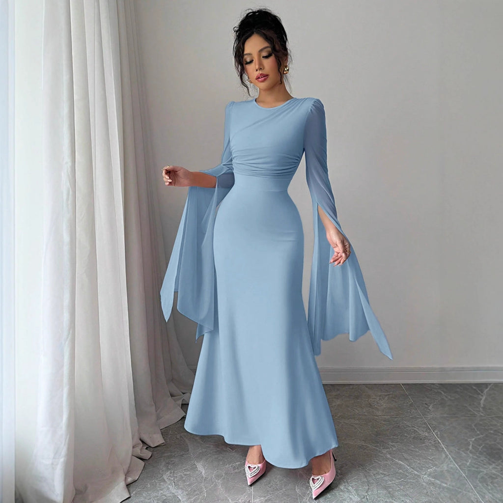 Vestido de cola de pez ajustado y sexy con mangas largas y malla con costuras de primavera