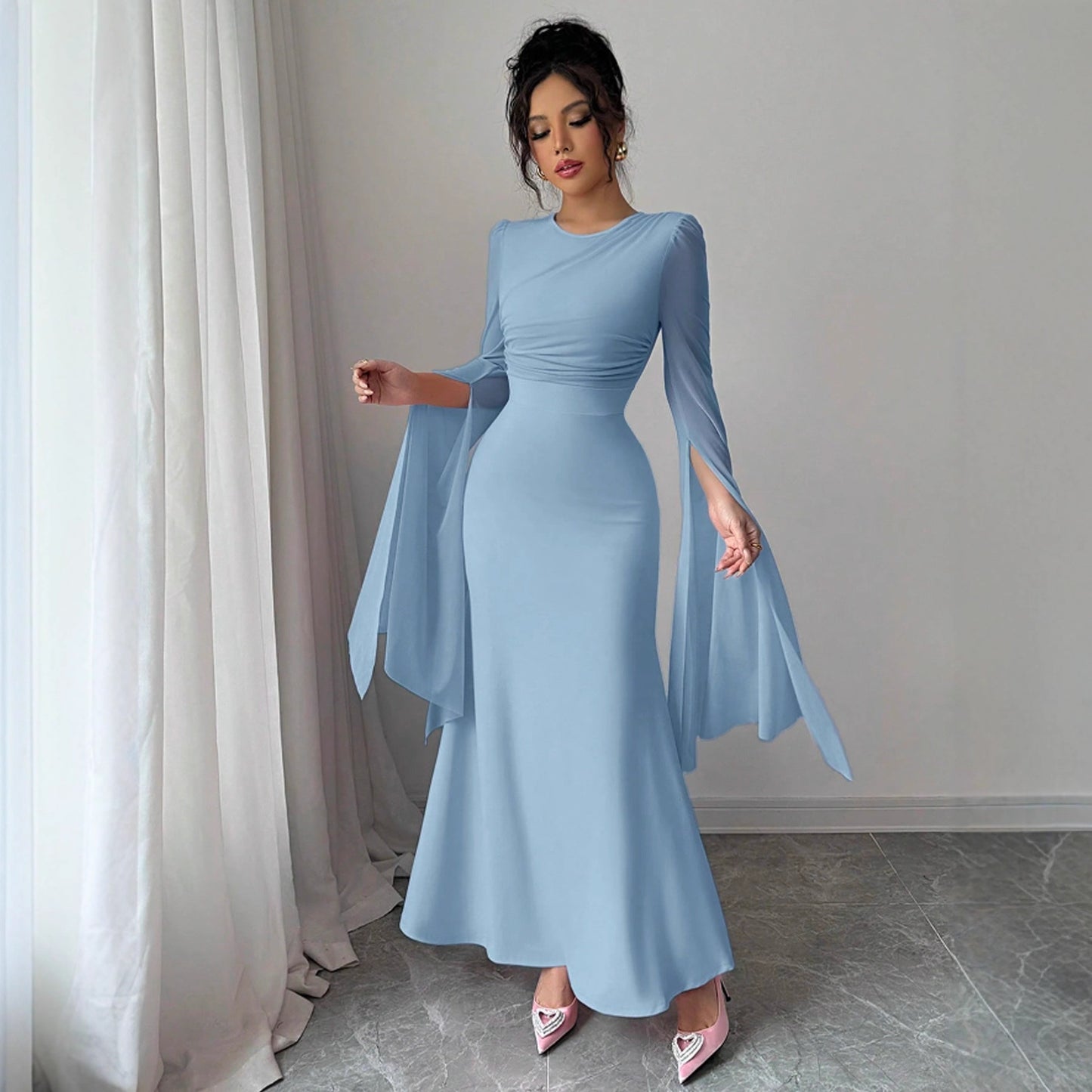 Spring Stitching Mesh Large Swing Sleeves Sexy Slim Fit Fishtail Dress