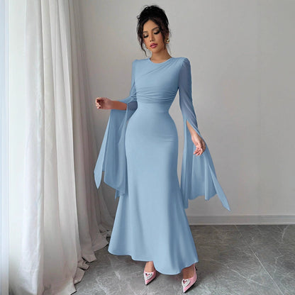 Spring Stitching Mesh Large Swing Sleeves Sexy Slim Fit Fishtail Dress