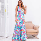 Summer Slimming Printed Dress Cinched Mid Length Dress Office Backless Slip Dress SCC
