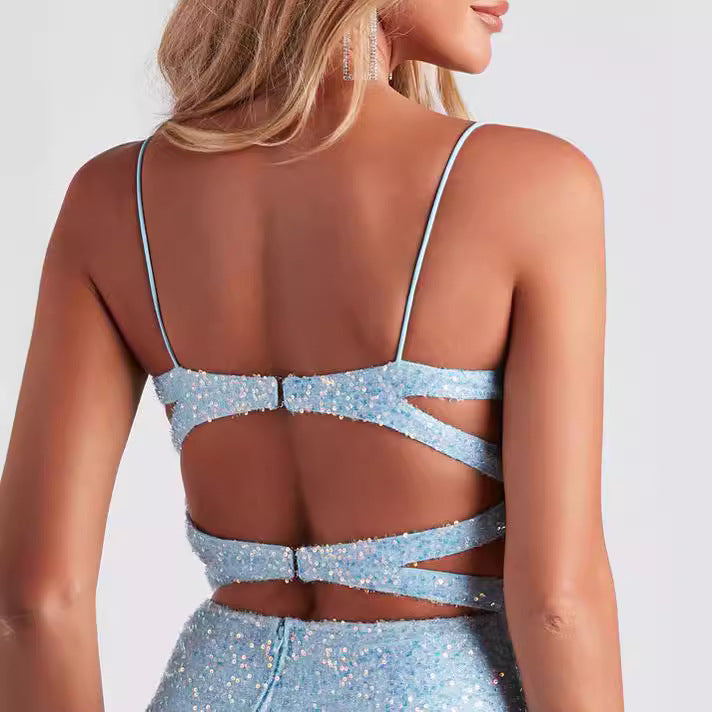 Vestido corto sin mangas con lentejuelas, sexy, ajustado, con espalda descubierta y parte superior de tubo.