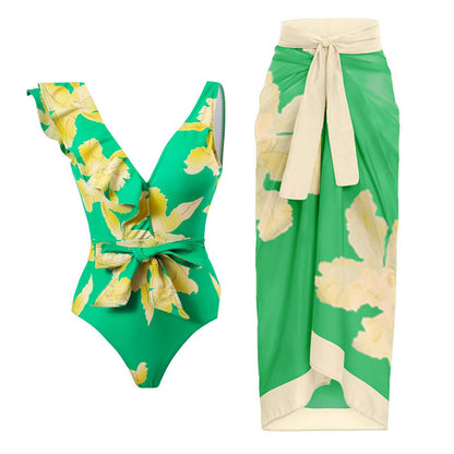 Traje de baño sexy para mujer, traje de baño vintage con volantes, bikini de gasa, conjunto de falda de playa