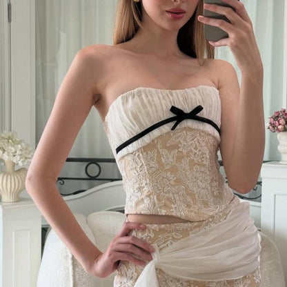 French Sweet Spicy Sexy Stitching Lace Embroidery Sexy Slimming Boning Corset Cropped Tank Top
