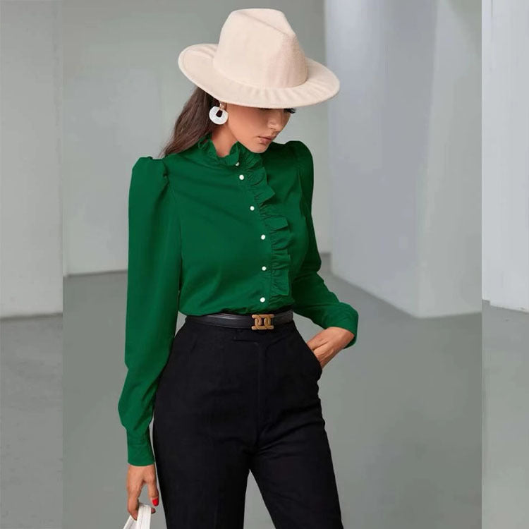 Camisa de mujer de otoño de tejido de acetato de alta calidad, camisa de media manga con volantes, blusa recta para mujer