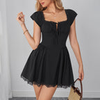 Summer Tencel Bamboo Lace Stitching Dress Dignified Goddess Hollow Out Cutout out Strap Waist Slimming A line Dress SUNSHINE