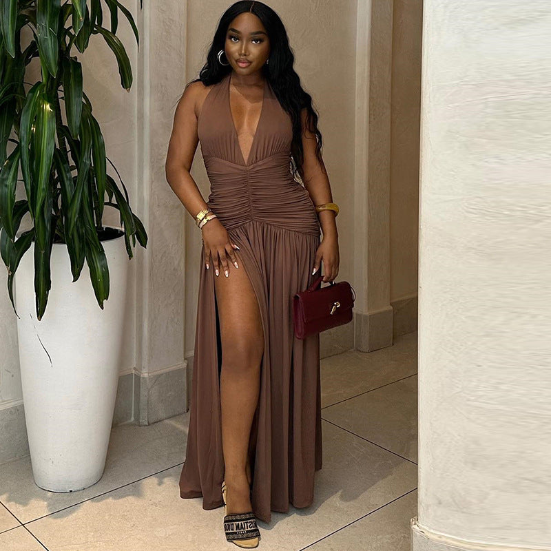 Women Clothing Solid Color Dress Sexy Sleeveless Deep V Plunge Neck Split Casual Waist Controlled Dress Kinci
