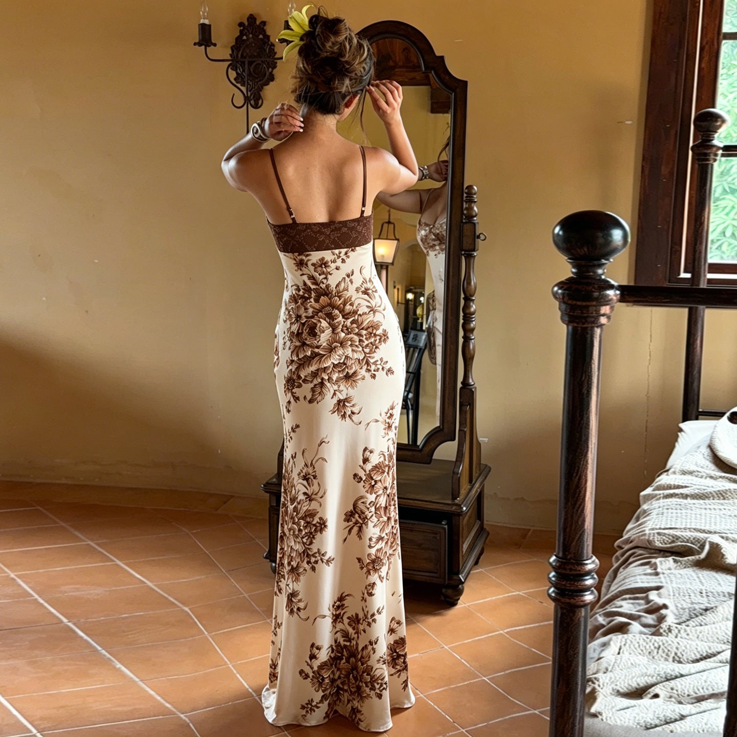 Sexy Retro Lace Stitching Chest Strap Dress French Elegant Romantic Floral Dress LingSharp