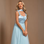 Elegant Halter Strap Handmade Floral Pleated Chest Color Stitching Mesh A Swing Evening Dress HENGACHI