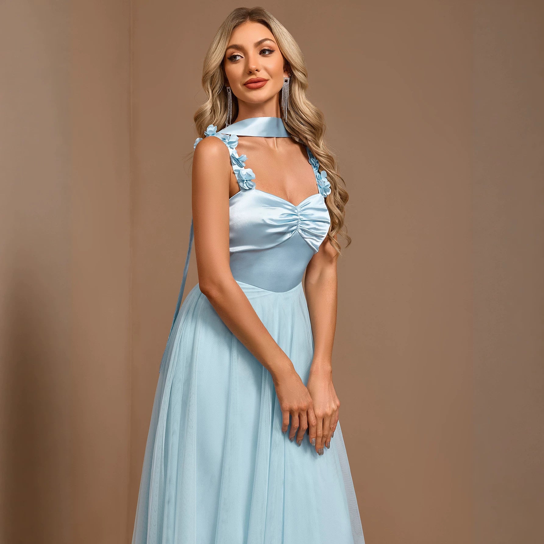 Elegant Halter Strap Handmade Floral Pleated Chest Color Stitching Mesh A Swing Evening Dress HENGACHI