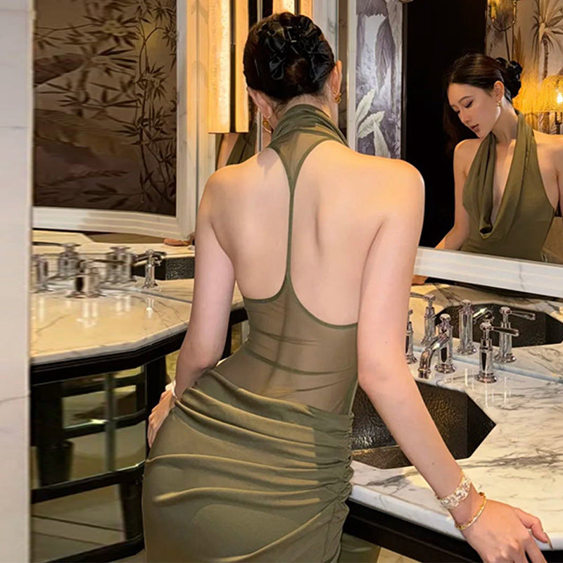 Women Clothing Winter Sexy Backless Pleated Slim Elegant Halter Maxi Dress BULLINGER