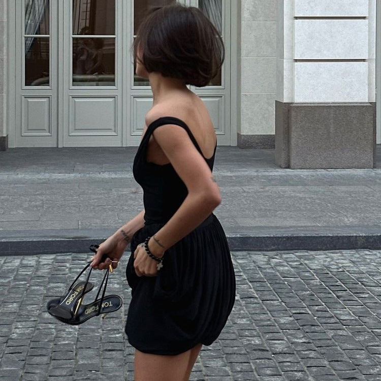 Women Clothing Patchwork Design Pleated Sleeveless Suspender High Waist Irregular Asymmetric Hem Dress Kigali