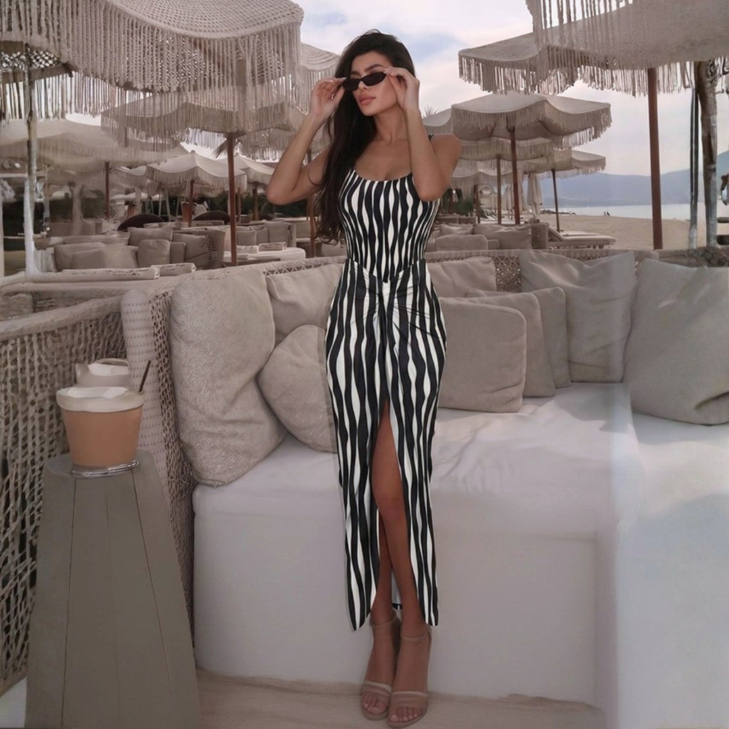 Simple Black White Water Ripple Striped One Piece Swimsuit Women Two Piece Set ShineRealm