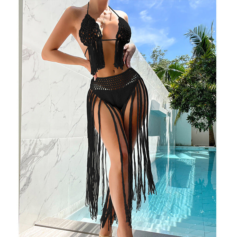 Beach Tourism Hand Crocheting Three Dimensional Floral Tassel Beach Sexy Open Back Swimsuit Bikini Set Crochet hook Tidee