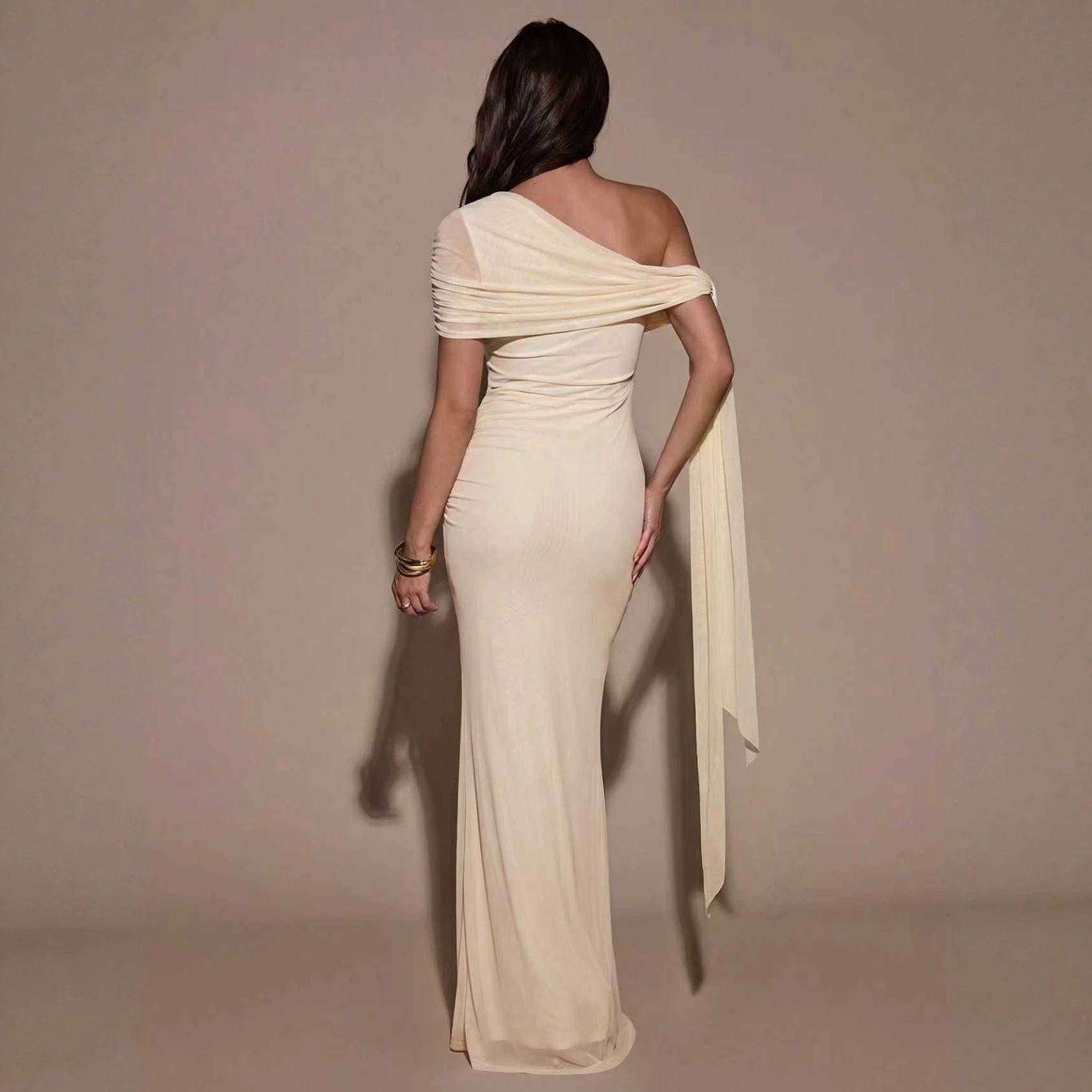 Women Clothing Oblique Shoulder Irregular Asymmetric Maxi Dress Pleated Slim Summer Dress for Women WensDiva