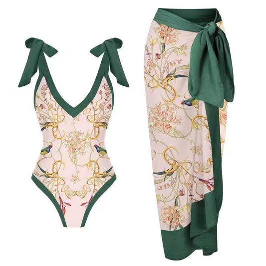 One Piece Bikini Slimming Retro Chiffon Maxi Dress Sunscreen Retro Print Swimsuit Two Piece