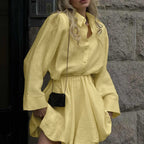 Spring Summer Casual Skirt Women Collared Long Sleeve Cardigan Top High Waist Bubble Skirt Two Piece Sets Kigali