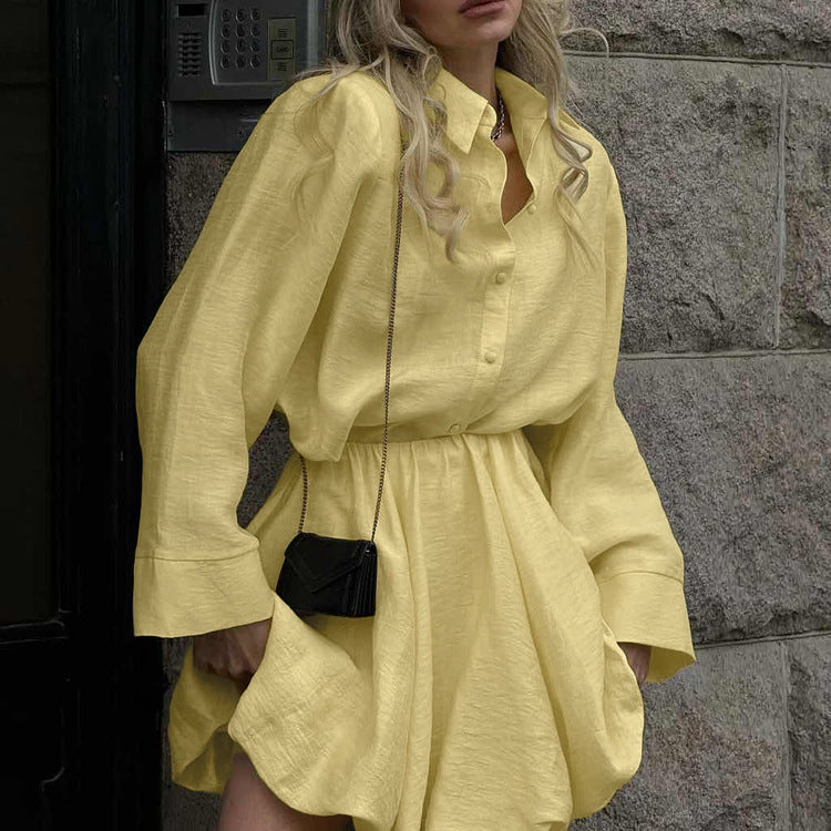 Spring Summer Casual Skirt Women Collared Long Sleeve Cardigan Top High Waist Bubble Skirt Two Piece Sets Kigali