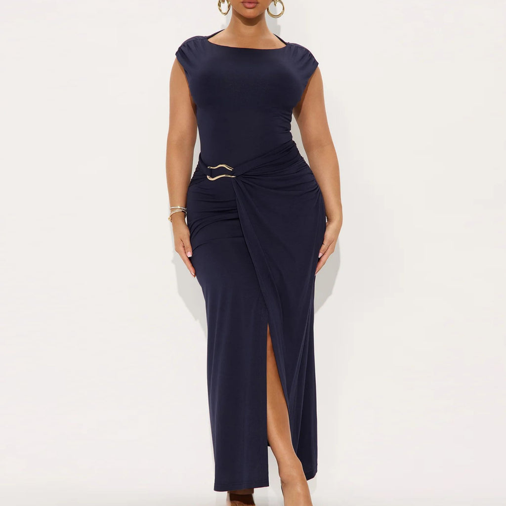 Summer Women Solid Color round Neck Slim Slimming Slit Dress WensDiva