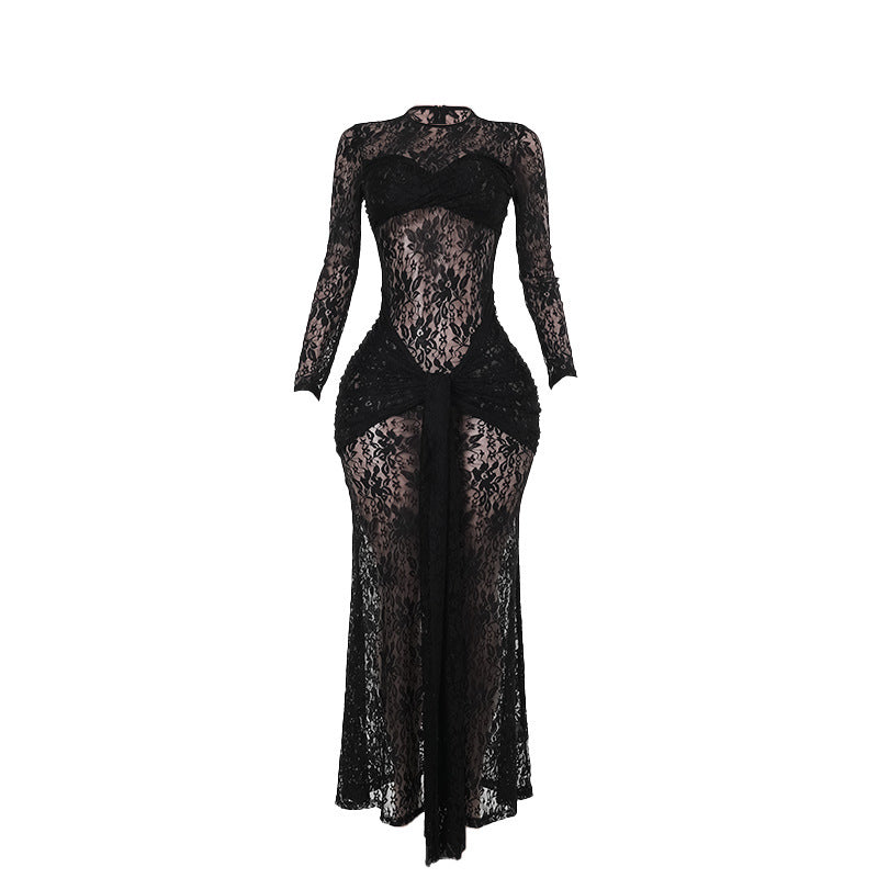 Vestido de encaje ajustado transparente sexy de cadera tipo caída para mujer