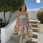 Elegant Casual Design Print Strap Slim High Waist Slimming Maxi Dress Women Clothing Ory