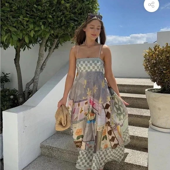 Elegant Casual Design Print Strap Slim High Waist Slimming Maxi Dress Women Clothing Ory