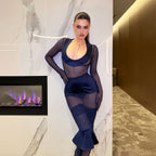 Summer Arrival Low Collar Long Sleeves Slim Fit Sexy See through Mesh Cinched Sheath Dress YIMAIL