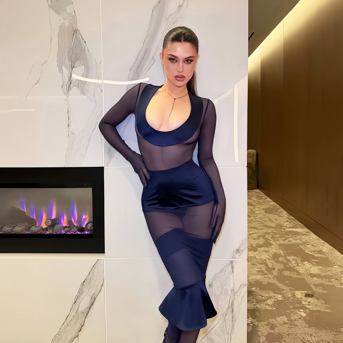 Summer Arrival Low Collar Long Sleeves Slim Fit Sexy See through Mesh Cinched Sheath Dress YIMAIL