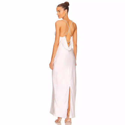 French White Bead Necklace Evening Dress Silk Satin Texture Women Sexy Backless Elegant Party Dress