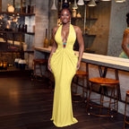 Women Clothing Elegant Halter V neck Sexy Backless Lace up Pleated Maxi Dress MOOYAA