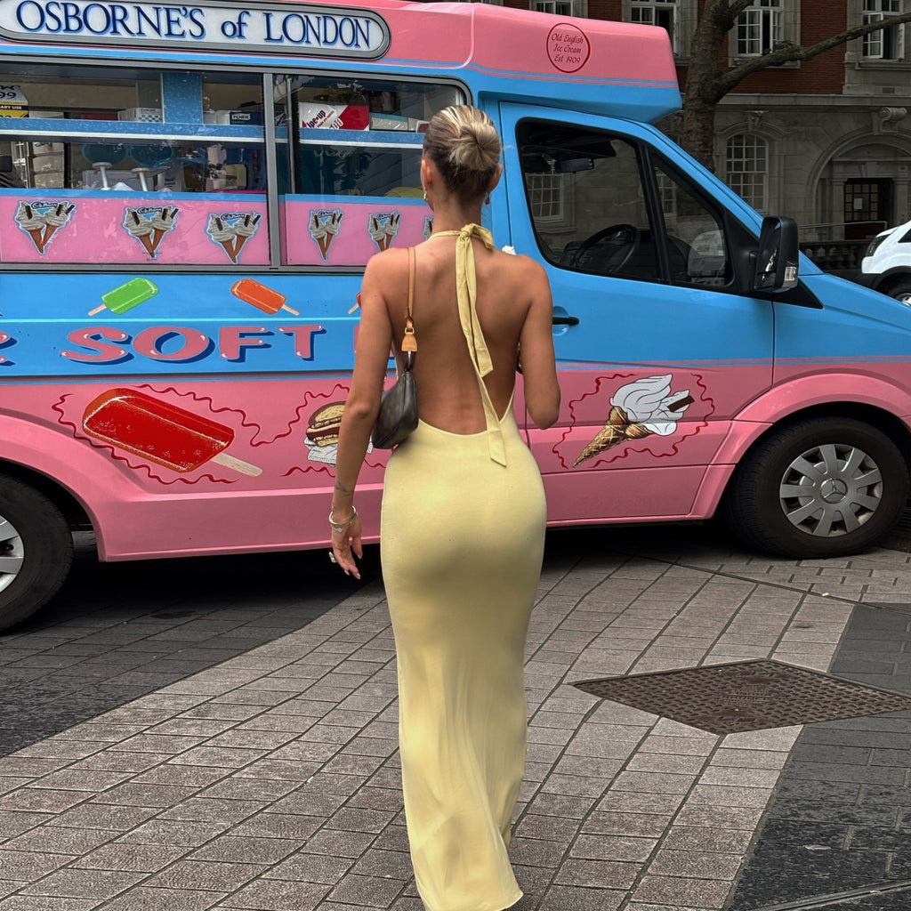 Robe d'été sexy pour femme, col V, dos nu, taille haute, coupe cintrée, couleur unie