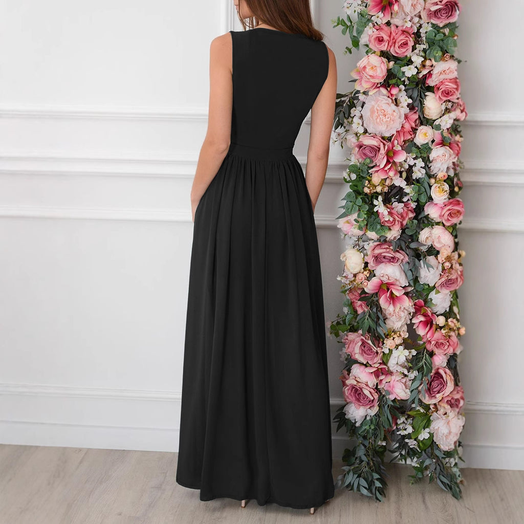 Women Clothing Summer Solid Color V neck Sexy Slit Hemline Hem Dress Qube