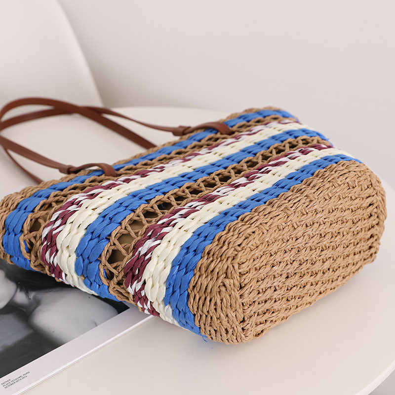 Hollow Out Cutout Straw Bag Vintage Stripe Portable Straw Bag Woven Bag Seaside Vacation Beach Bag Shoulder Bag EaseWoven