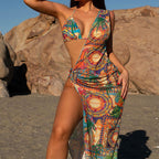 Leopard Print Halter Three Piece Mesh Swimsuit Women Bikini Sun Protection Sexy Swimsuit Freedeo
