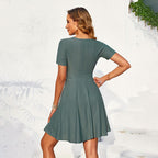 Knitted Embroidered Hollow Out Cutout Cross Collar Elastic Waist A line T shirt Short Dress Women Rogan